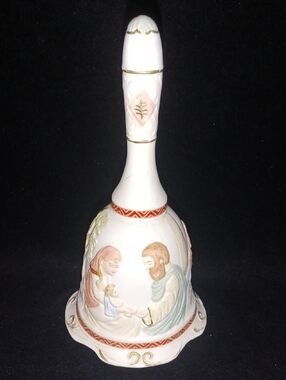Lefton White Porcelain Nativity Bell with Pink and Blue Accents